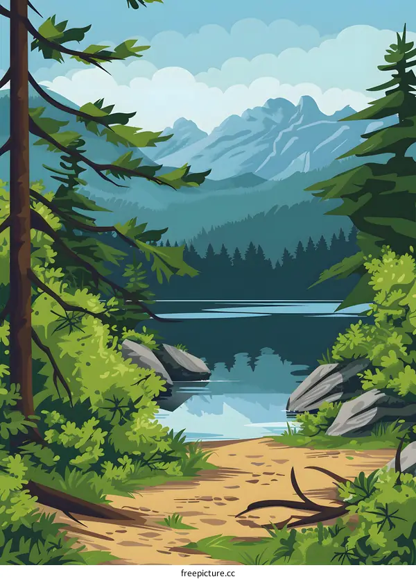 Mountain Lake Scenic View Illustration
