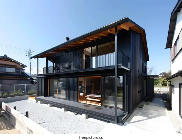 Modern Black Two Storey House With Wooden Beams And A Large Deck