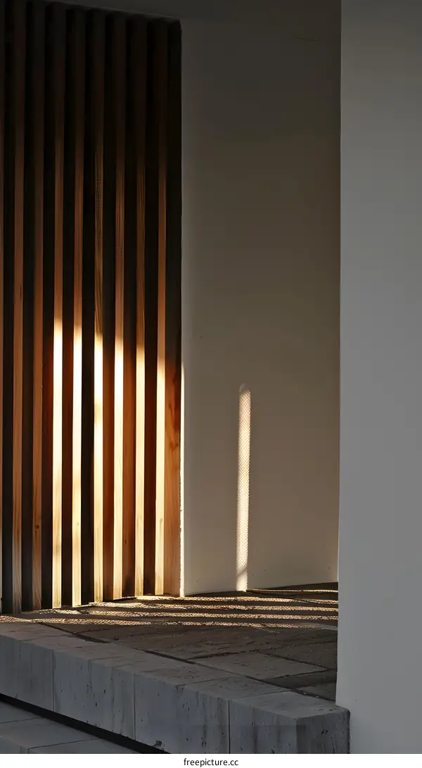 Sunlight Streaming Through Wooden Slats Creates Geometric Pattern