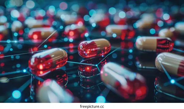 Red and white pills connected by a glowing network