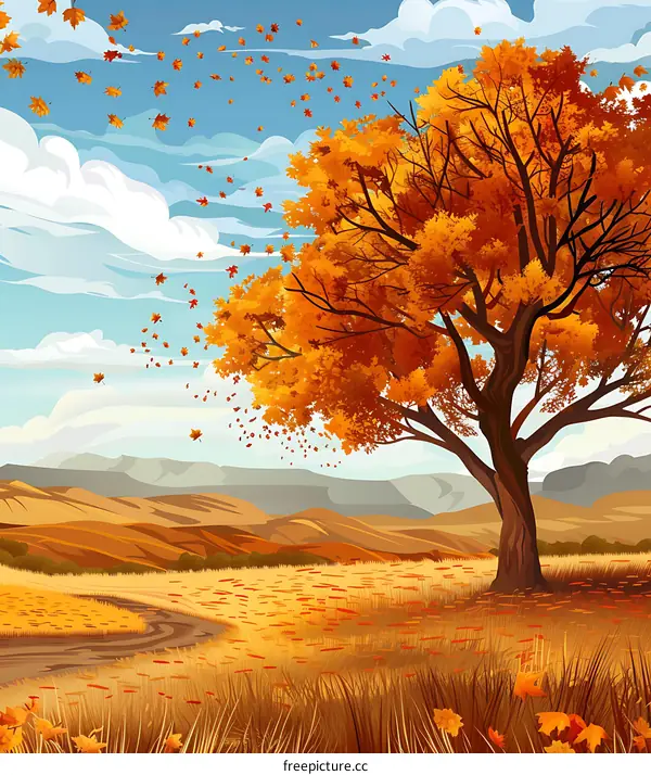 Autumn Landscape With A Single Tree In The Foreground