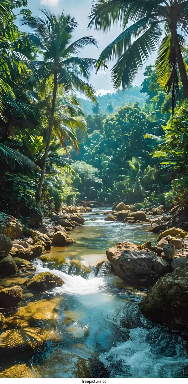 tropical river in the jungle with green palm trees and bright sun