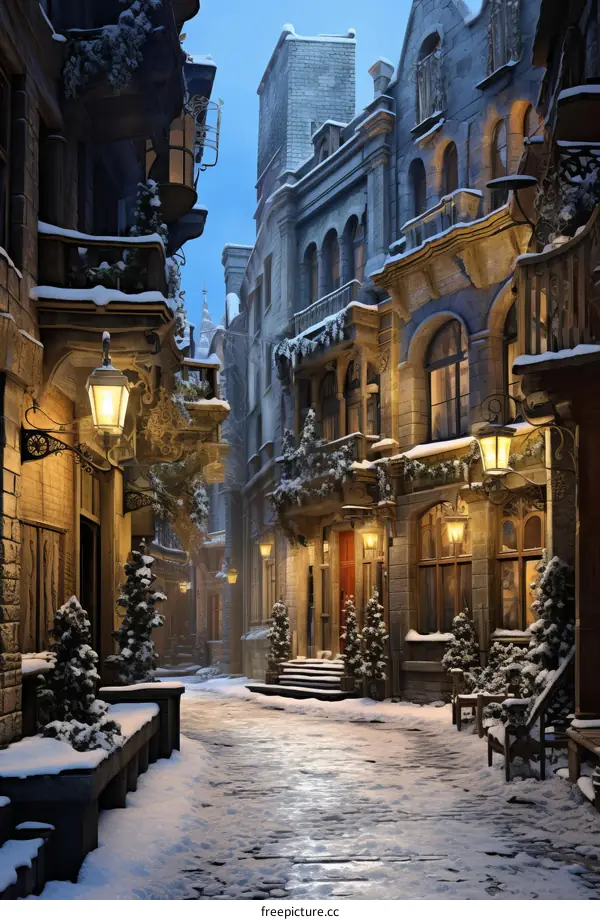 Snowy Street Scene in European City with Half-Timbered Houses