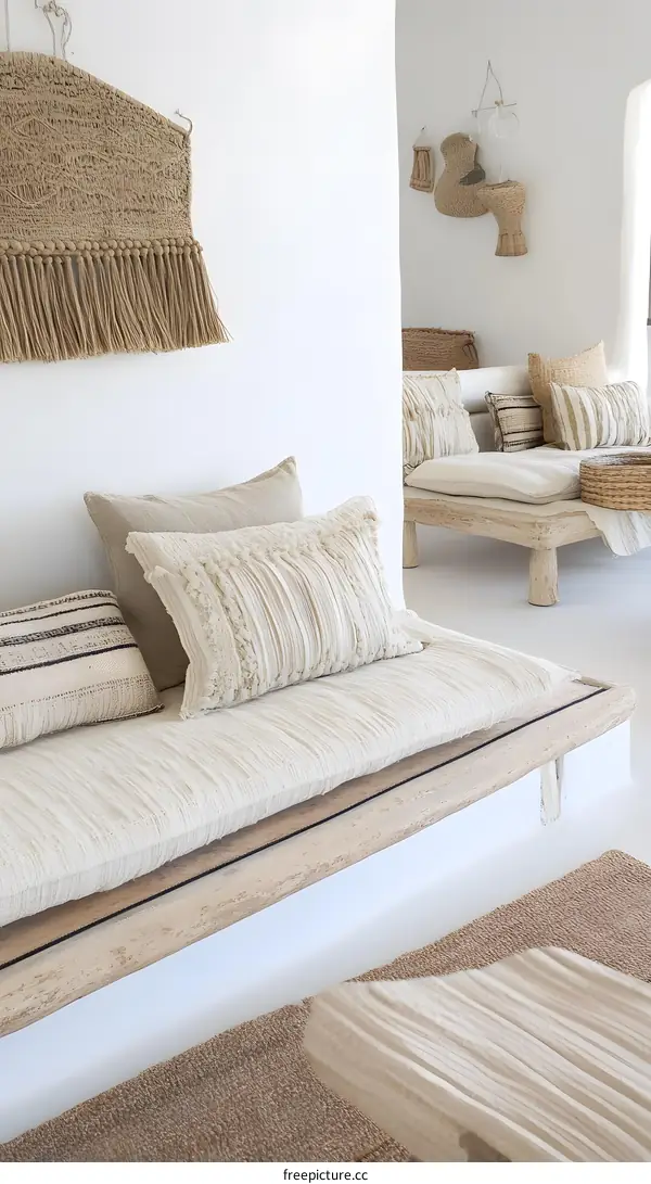 Minimalist White Living Room Interior Design with Beige Cushions