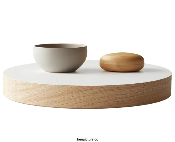[Transparent Background PNG]Modern Round Wooden Tray with Ceramic and Wooden Bowls