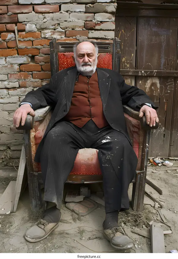 Elderly Man Sitting in a Chair Outside a Brick Building