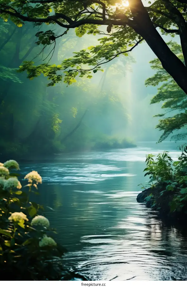 Sunlight Shines Through Forest Reflects River