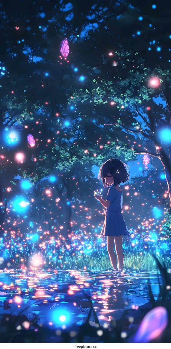 Anime Girl Standing in a Magical Forest at Night