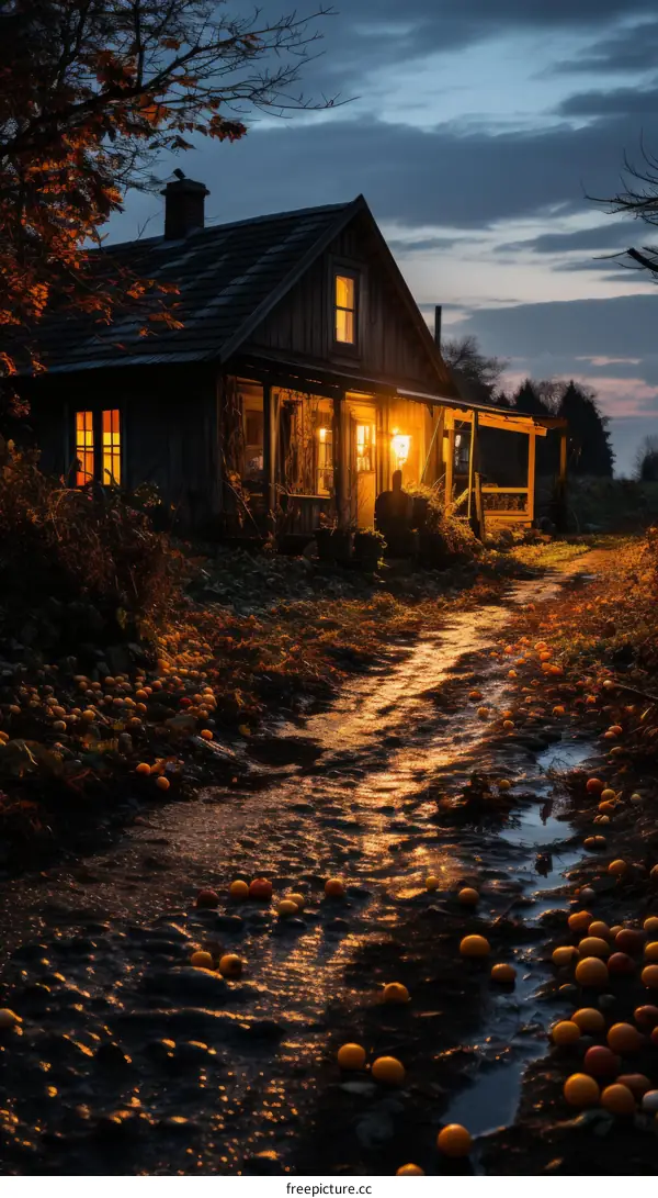 Wooden house in the middle of an orchard at dusk