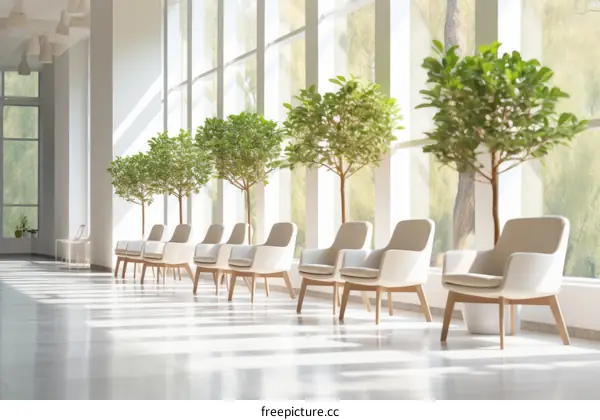 Modern waiting area with comfortable chairs and green plants