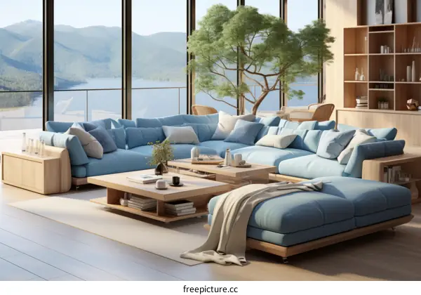 Blue Modern Living Room Interior with Lake View