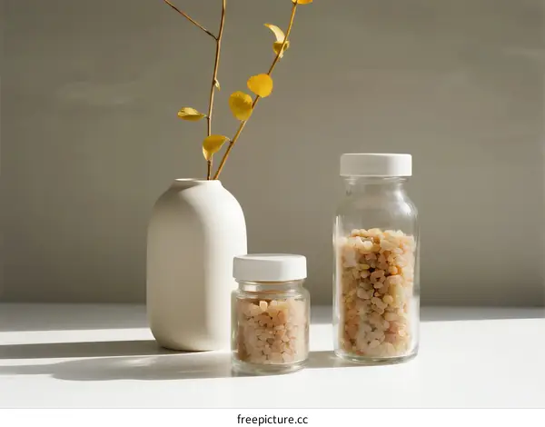 Minimalist white vase with golden branch and glass jars of bath salts