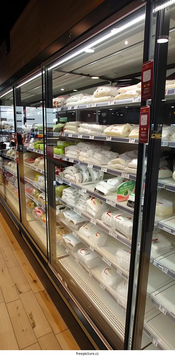 Refrigerated Display Case Filled With Packaged Food