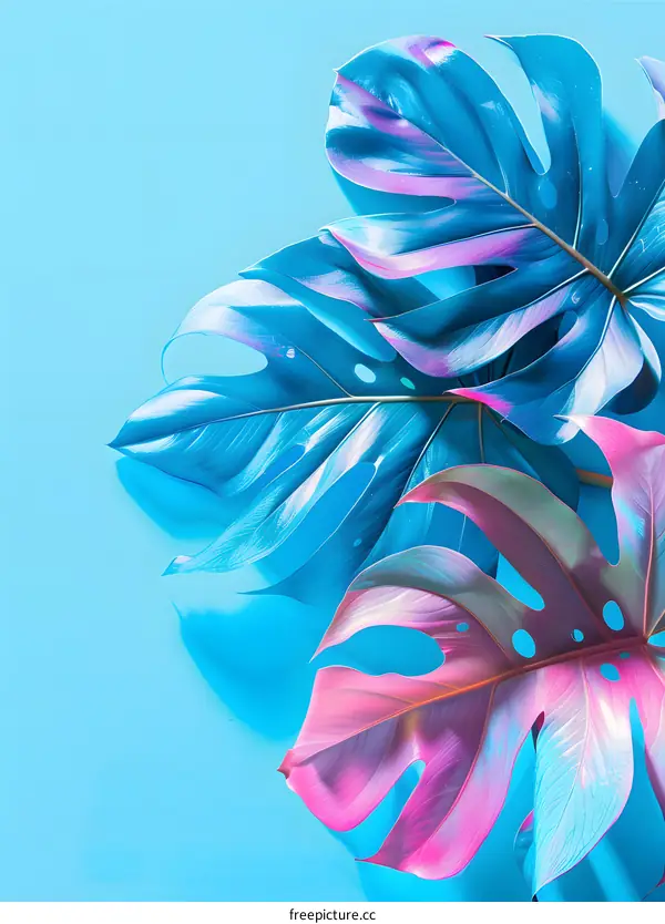 Tropical Monstera Leaves on Blue Background
