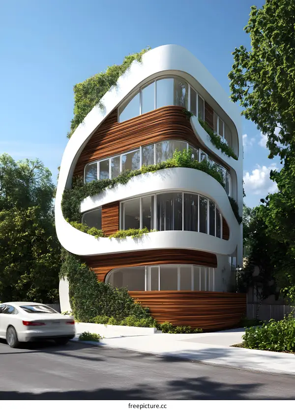 Modern  Architecture with Curved Walls and Green Plants