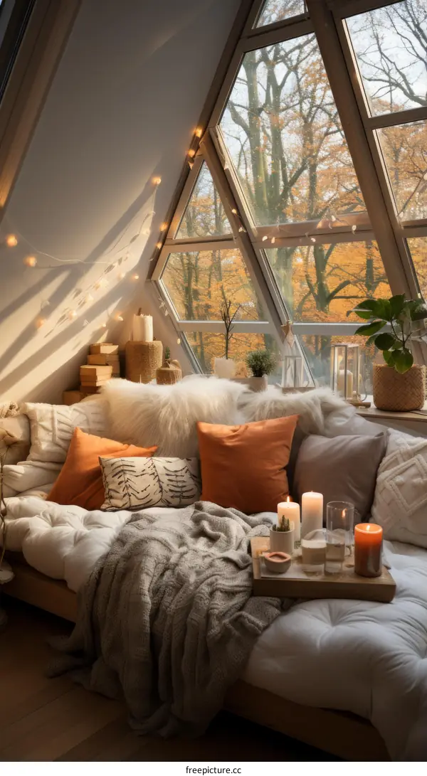 Autumn Living Room with Large Windows and Cozy Seating