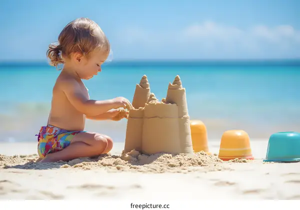 Little Girl Building Sandcastle on Beach