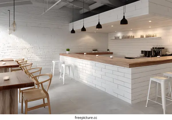 Modern Cafe Interior Design with White Brick