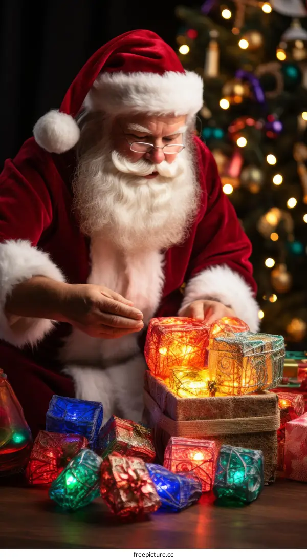 Santa Claus carefully wrapping presents by a decorated Christmas tree