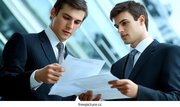Two Businessmen Discussing Documents in Modern Office Building