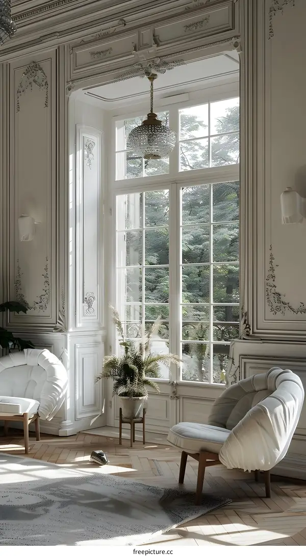 Elegant Living Room Interior Design with White Walls and Large Windows