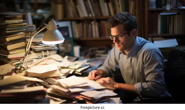 Young male student studying in a library surrounded by books and papers