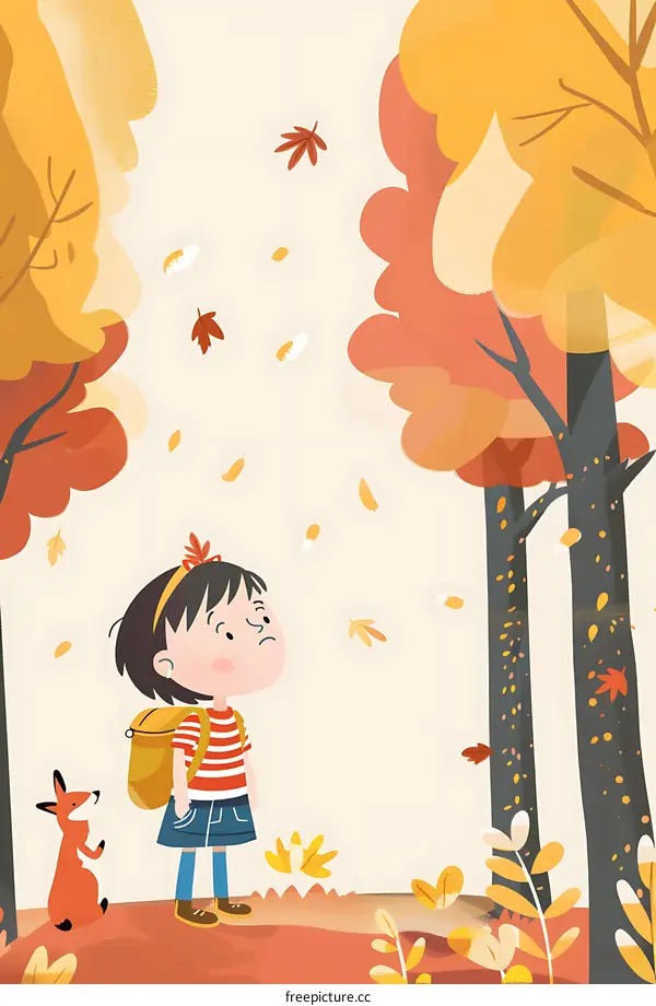 Autumn Forest Illustration with Girl and Fox