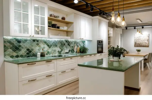 Modern White Kitchen with Green Accents