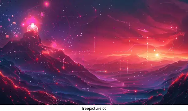 A digital painting of a mountain landscape with a glowing moon and stars in the sky