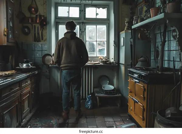 Man standing in a kitchen looking out the window