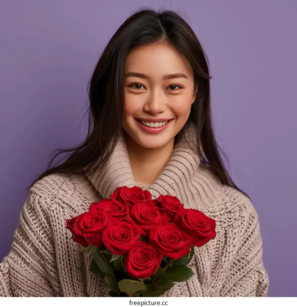 Asian woman with red roses