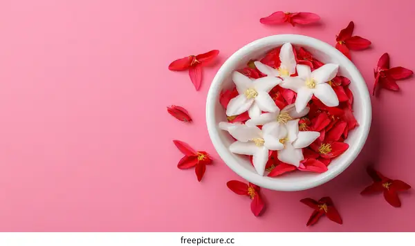 White Flowers in a White Bowl on a Pink Background