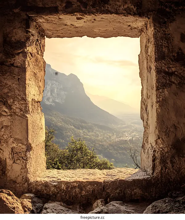 Mountain View Through Old Stone Window