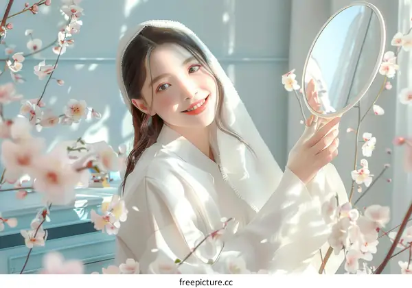 A young woman in a white dress is smiling at her reflection in a mirror.