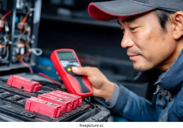 Asian Man Checking Car Battery in Garage