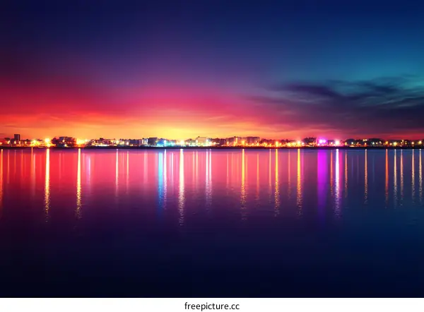 City Skyline Reflection in Water at Sunset