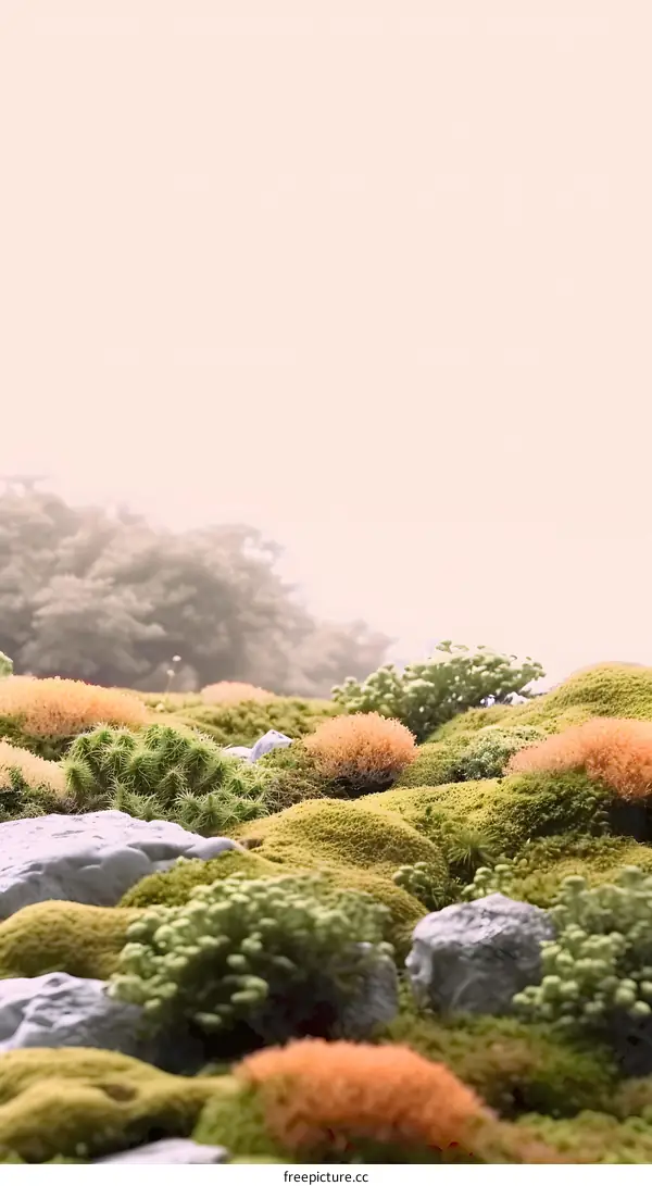 Green Mossy Landscape With Rocks and Light Pink Sky