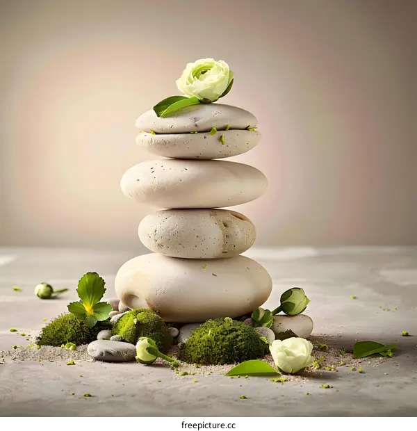 Zen Stones with Flowers and Moss