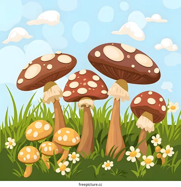 Cartoon Illustration of Mushrooms in a Grassy Meadow