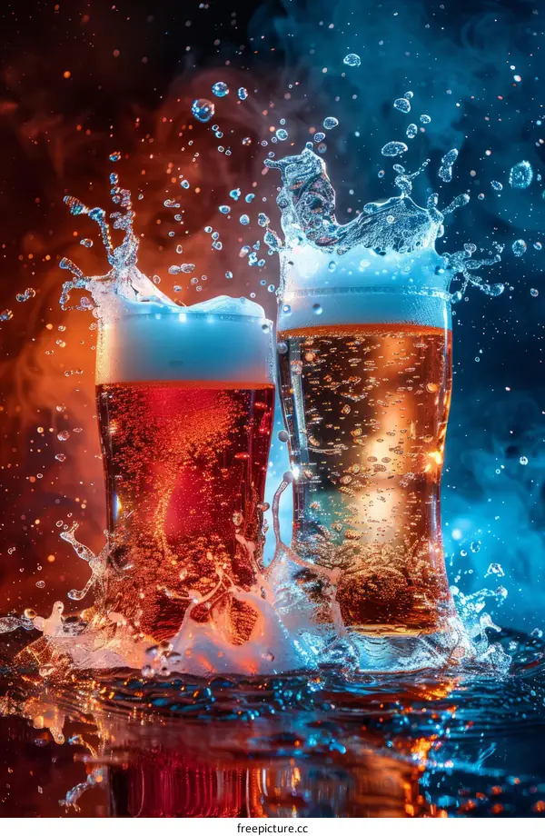 Beer glasses with splashing beer and foam
