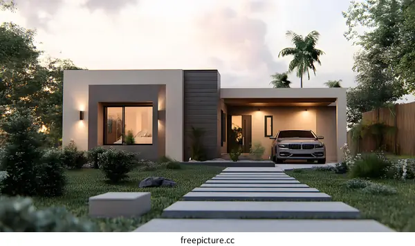 Modern House Design With Front Yard and Car