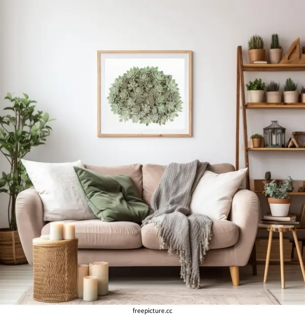A living room with a sofa, a rug, a coffee table, and a shelf with plants on it