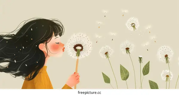 Little Girl Blowing Dandelion Seeds in the Wind