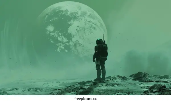 An astronaut stands on a distant planet and gazes at a large moon.