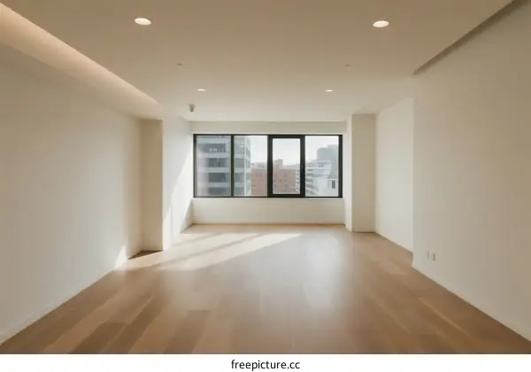 Empty room with large windows and wooden floor
