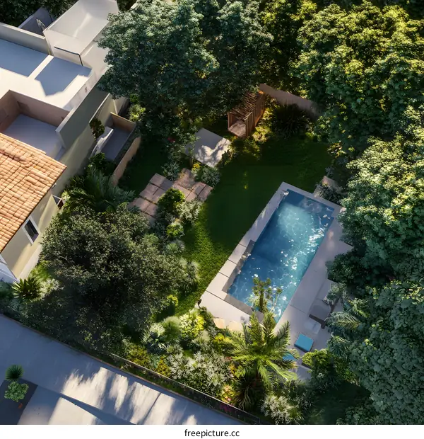 Aerial View of Backyard with Swimming Pool and Lush Greenery