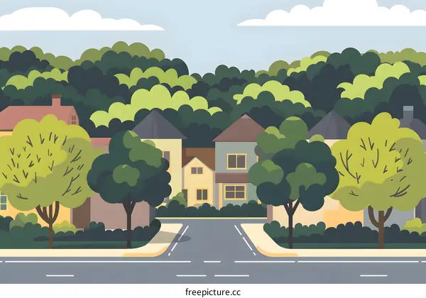 Green Neighborhood Illustration with Houses and Trees