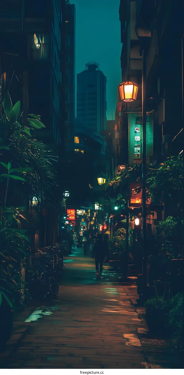 Nighttime Street Scene with Lanterns in Hong Kong