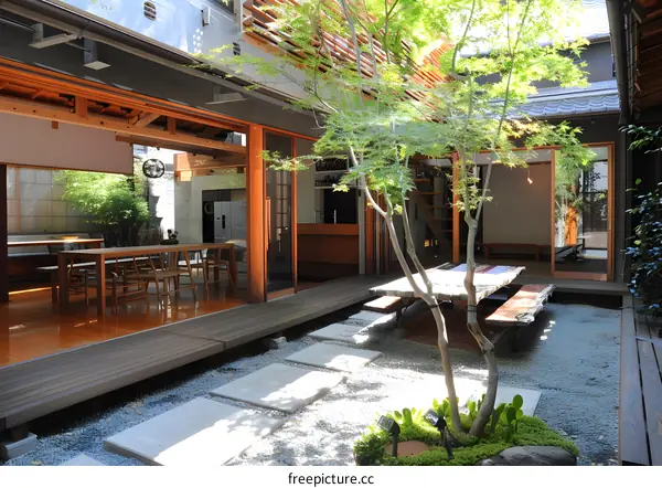 Modern Japanese Courtyard with Stone Patio and Green Tree