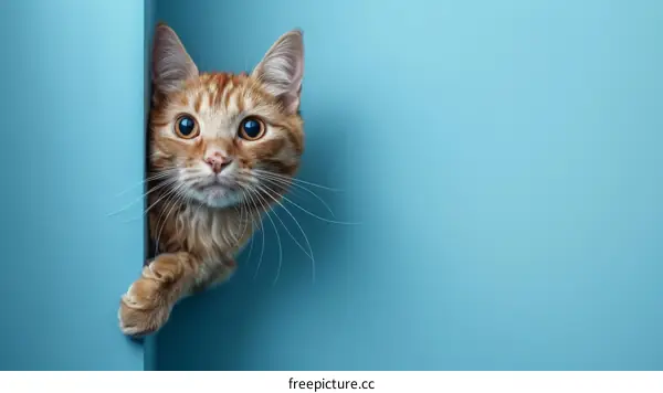 A ginger cat peeks out from behind a blue wall
